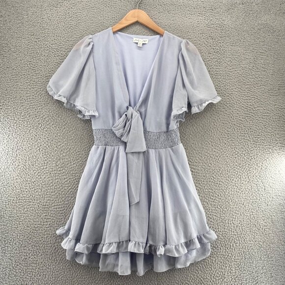 She + Sky Dress Womens Medium Blue Puff Sleeve Ruffle Smocked Cut Out Tie Front - Picture 11 of 11